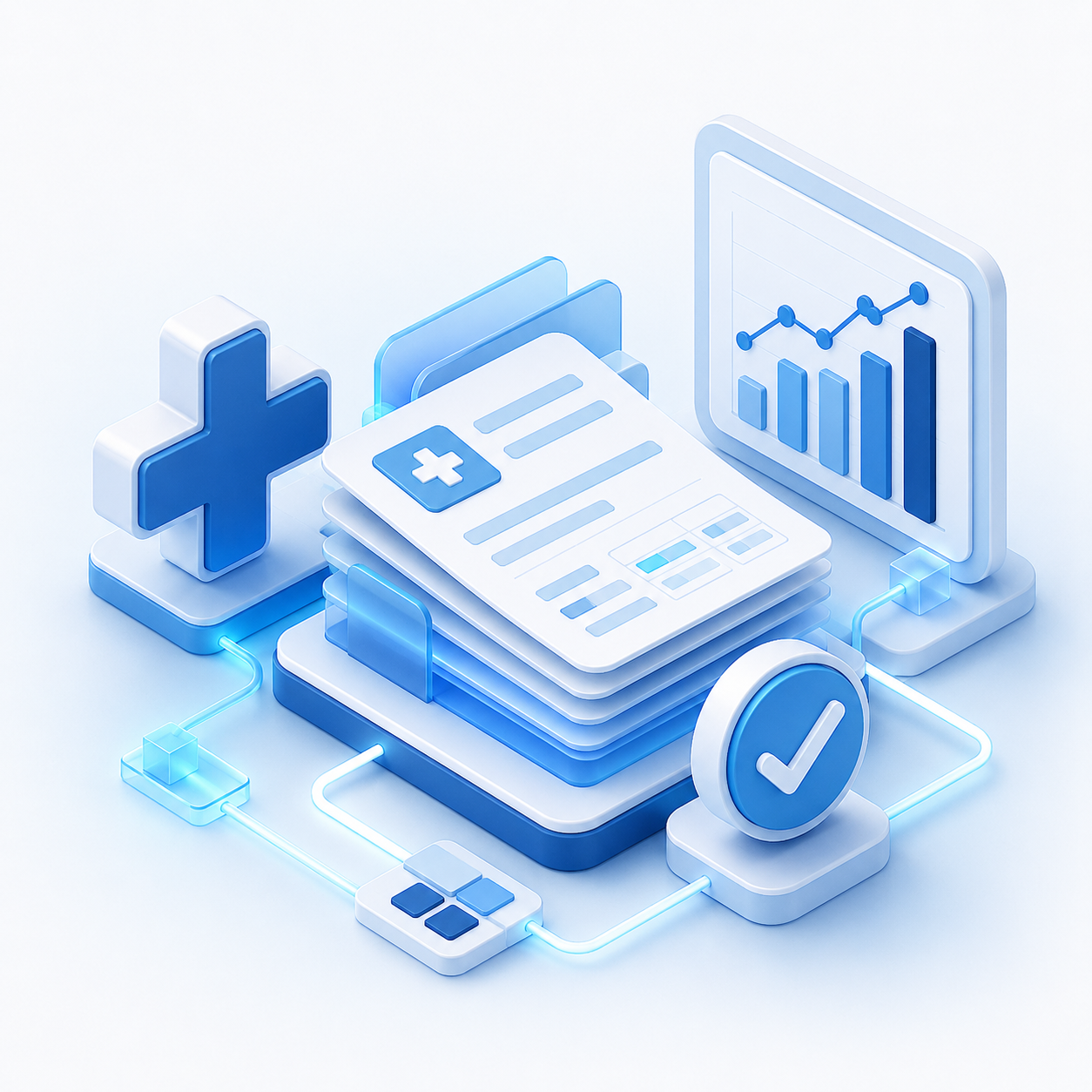 Medical billing documents, analytics, and payment verification illustration