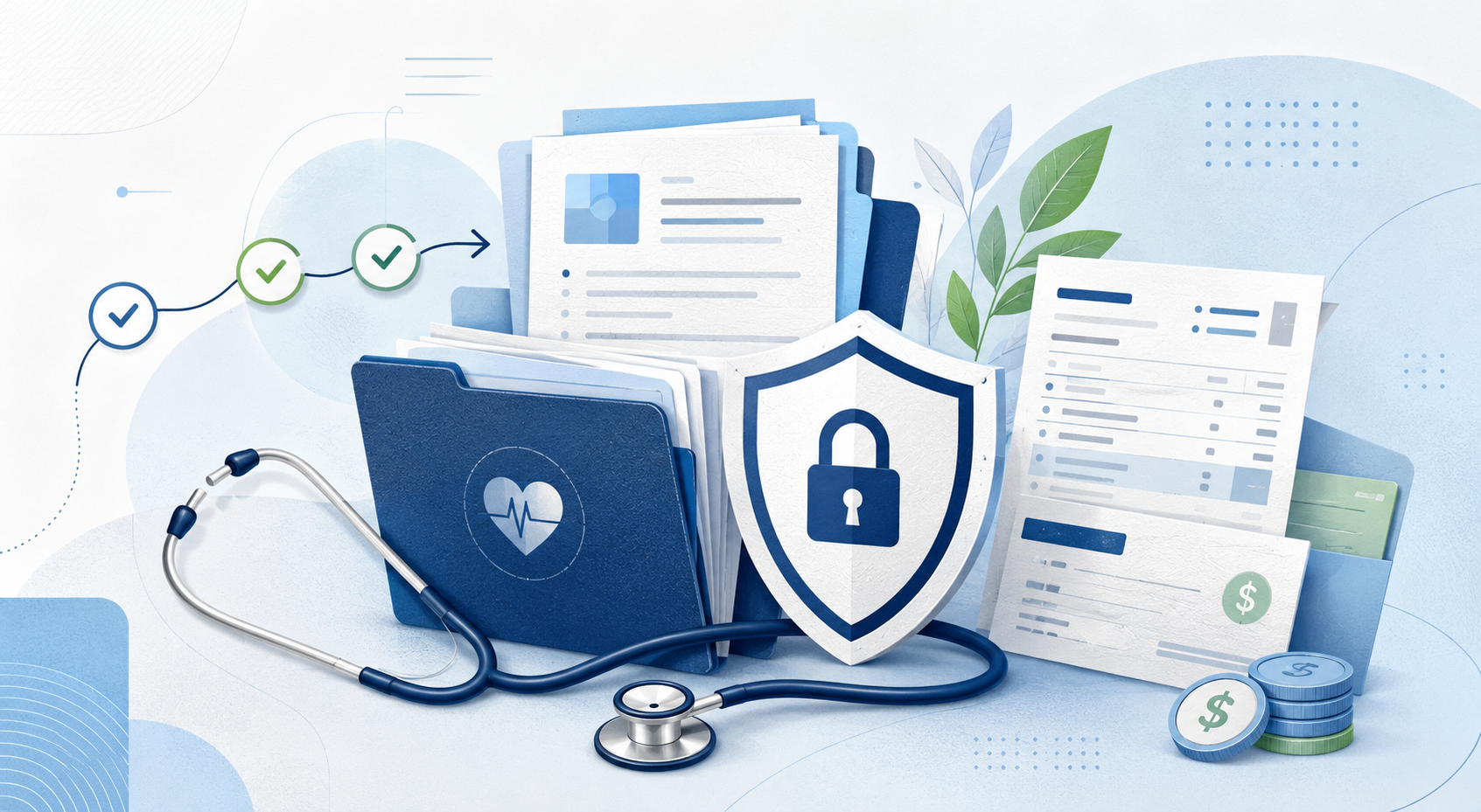 Healthcare records, privacy shield, stethoscope, and controlled remittance workflow